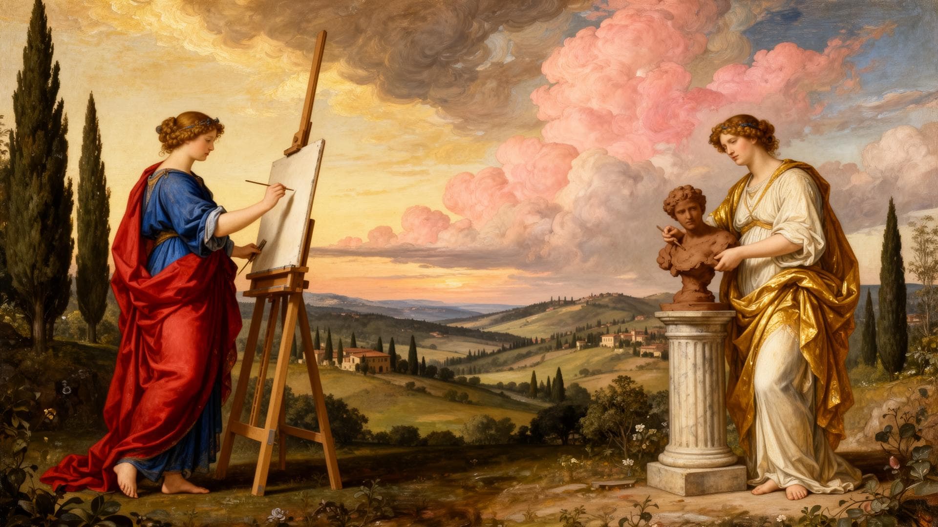Pintura renacentista de dos artesanas en un paisaje toscano